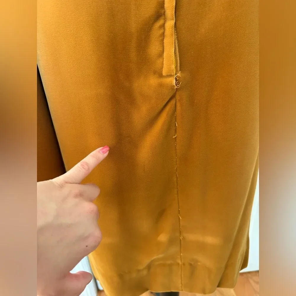 1970s Mustard Colored Rich Velvet High-Collar Dress